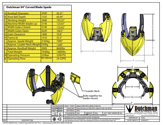 Dutchman 94i Curved Blade Truck Spade Specification Sheet